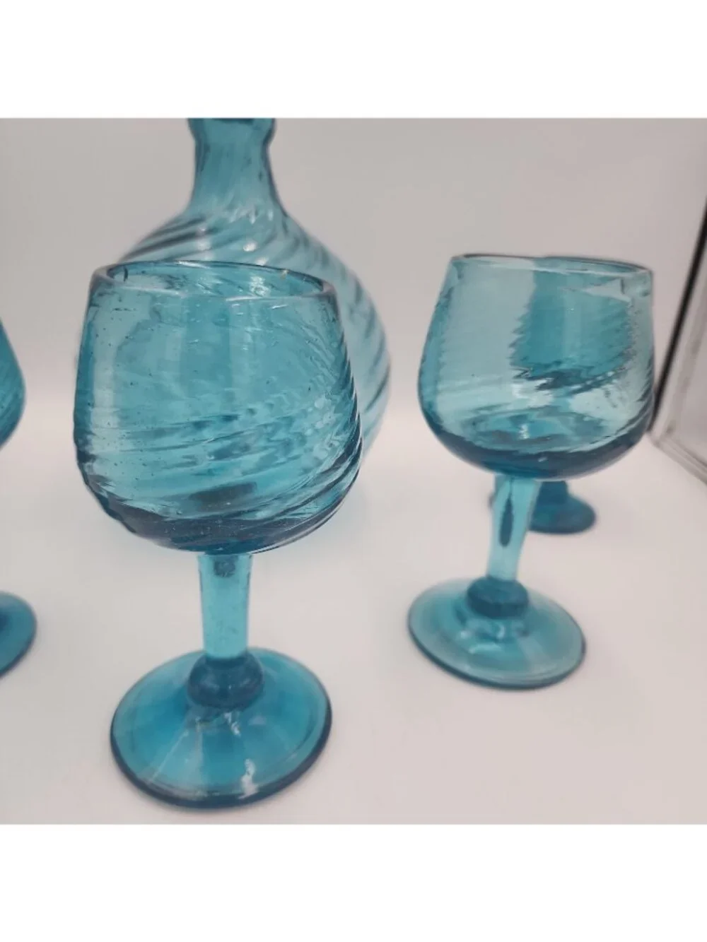 DECANTER SET Handblown Torquise Blue Glass 5 Stemmed Glasses 1970s